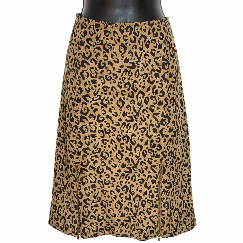 Chico's Black Label Leopard Print Faux Suede Midi Skirt 1 M Cheetah Zip Accent